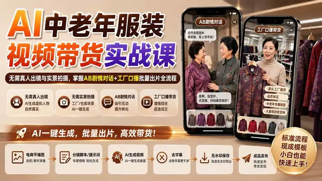2026版AI中老年服装带货实战课:免实拍矩阵起号与工厂口播全解