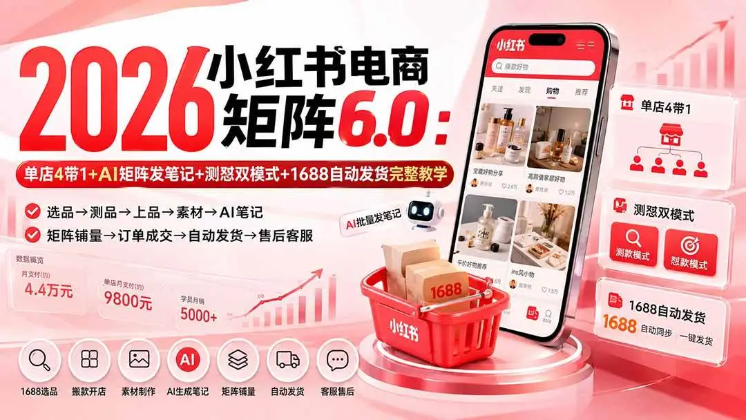 2026版小红书电商矩阵6.0实战课：单店4带1与1688全自动发货
