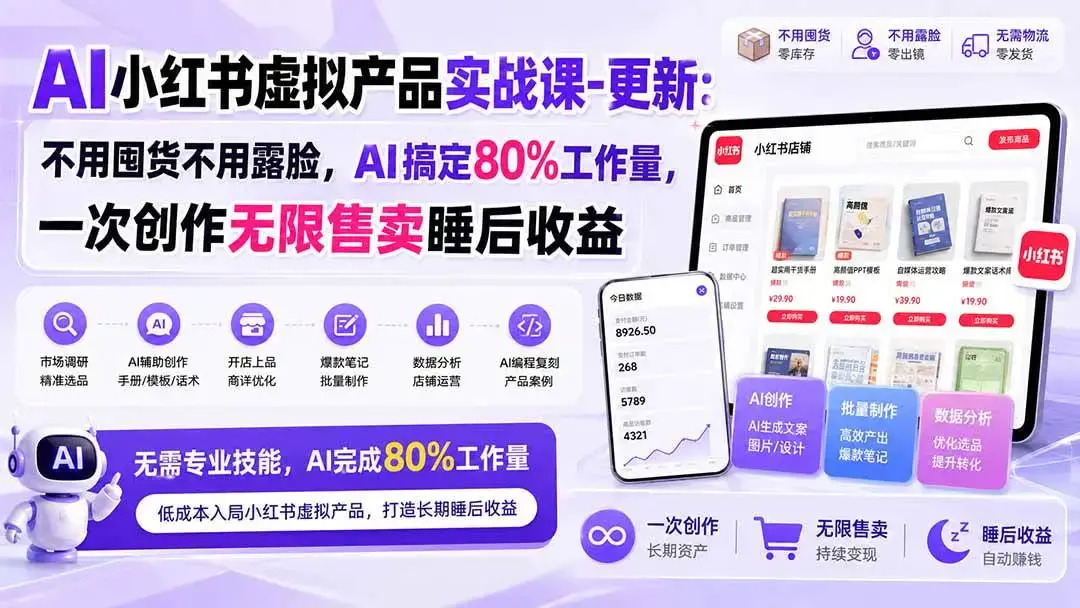 2026版AI小红书虚拟产品实战课:免囤货自动发货与睡后收益全解