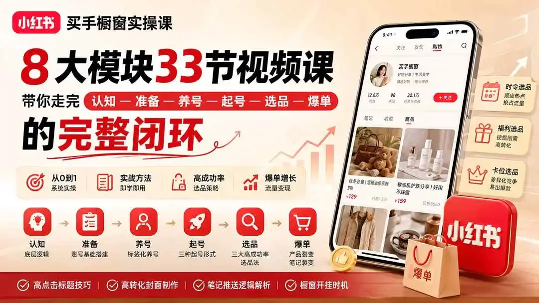 2026版小红书买手橱窗实战:8大模块打通选品挂车与爆款裂变
