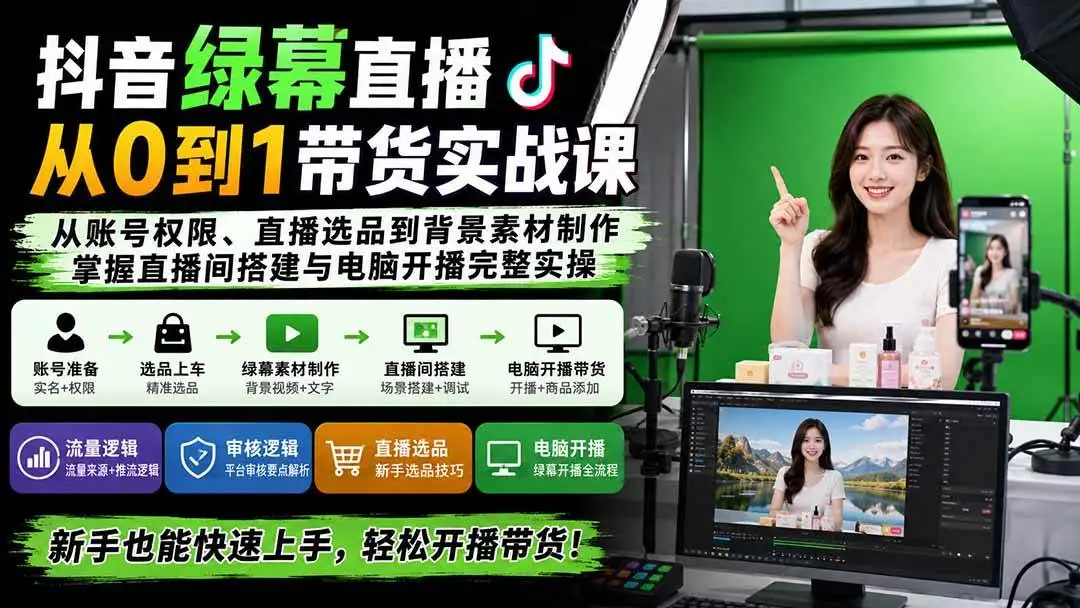 2026版抖音绿幕直播从0到1带货实战:免场地搭建与电脑开播全解