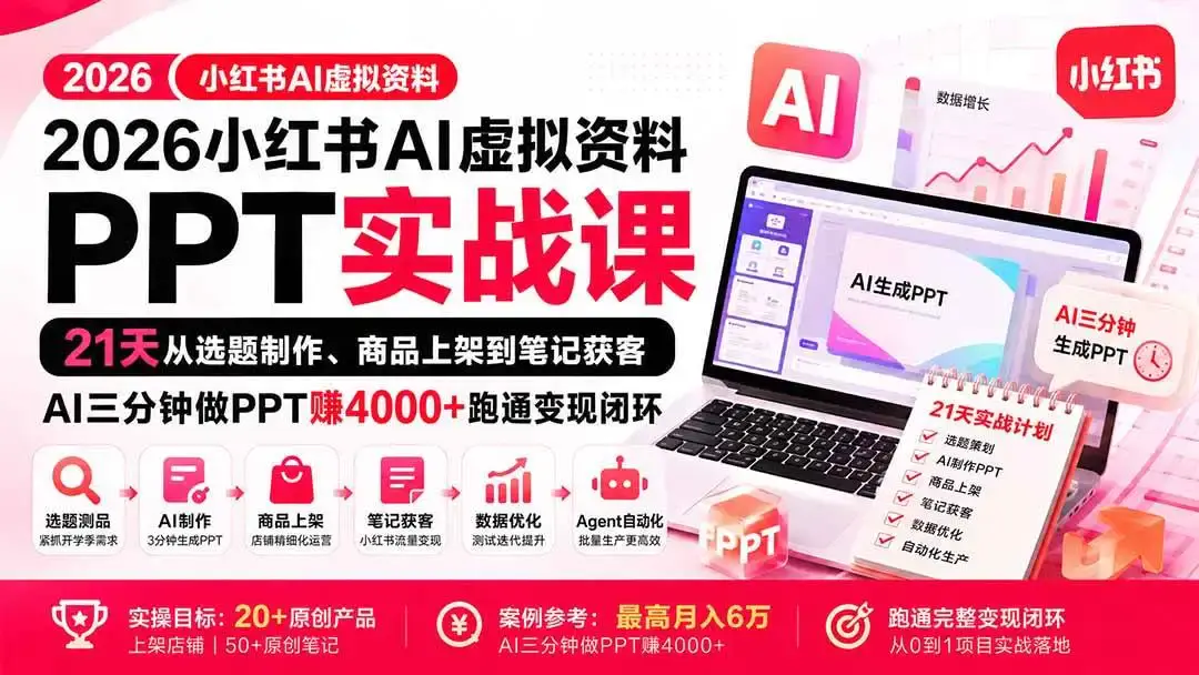 2026版小红书AI虚拟资料变现实战:3分钟做PPT与Agent自动化获客