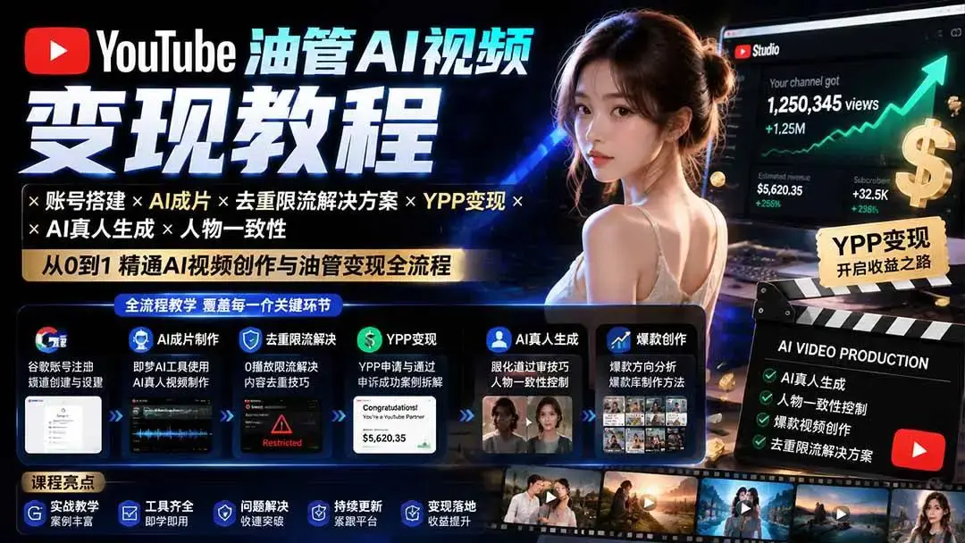 2026油管YouTube AI视频变现教程下载(含即梦AI成片破限流YPP申诉)