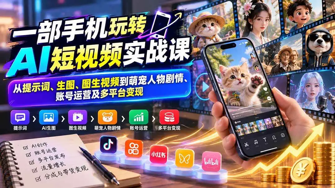 一部手机玩转AI短视频实战课下载（140节即梦豆包实操附带货变现）