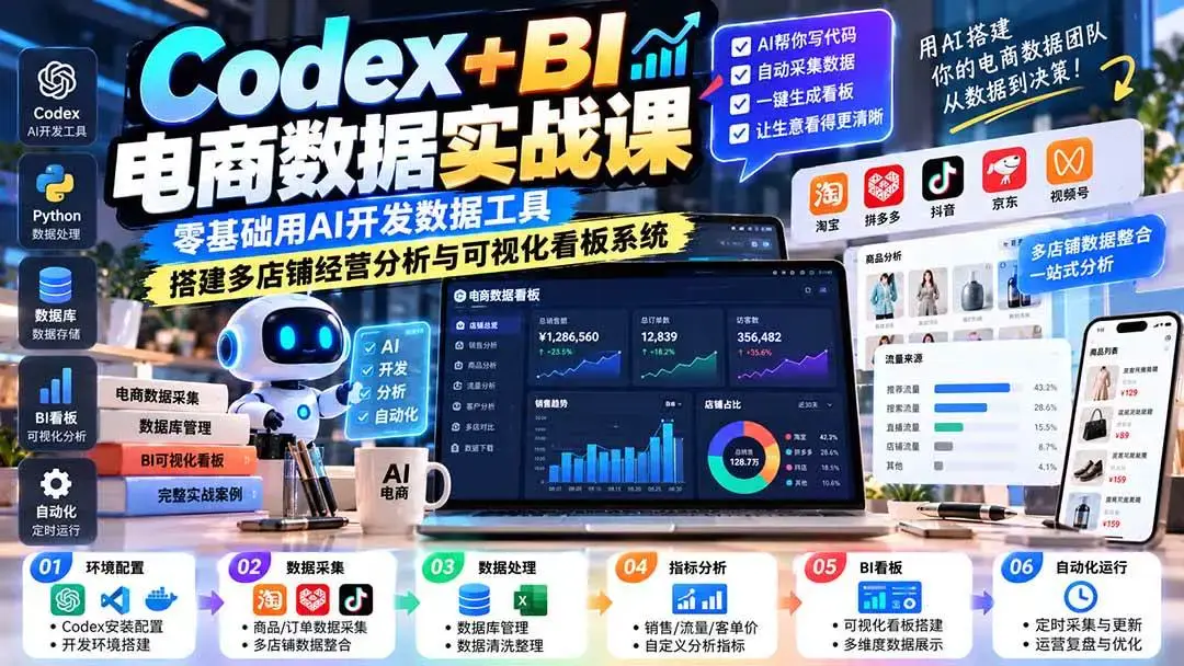 Codex+BI电商数据自动看板实战课下载(AI零代码多店抓取入库)