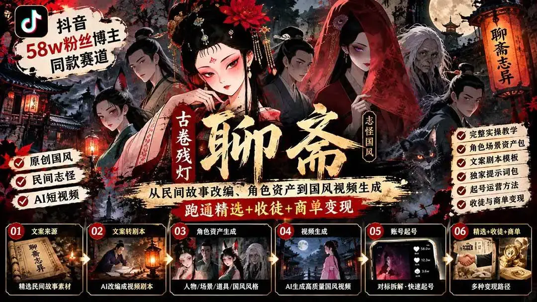 抖音同款古卷残灯聊斋AI短视频实战课下载(附天书奇谭提示词包)