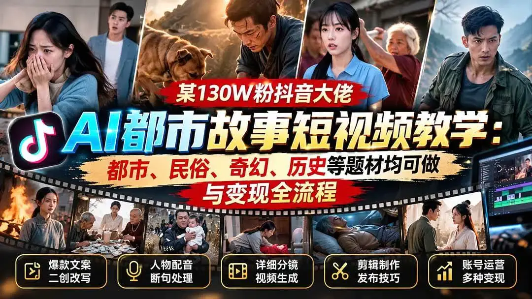 130W粉抖音大佬AI都市故事短视频实战课下载(附分镜提示词半解说流程)