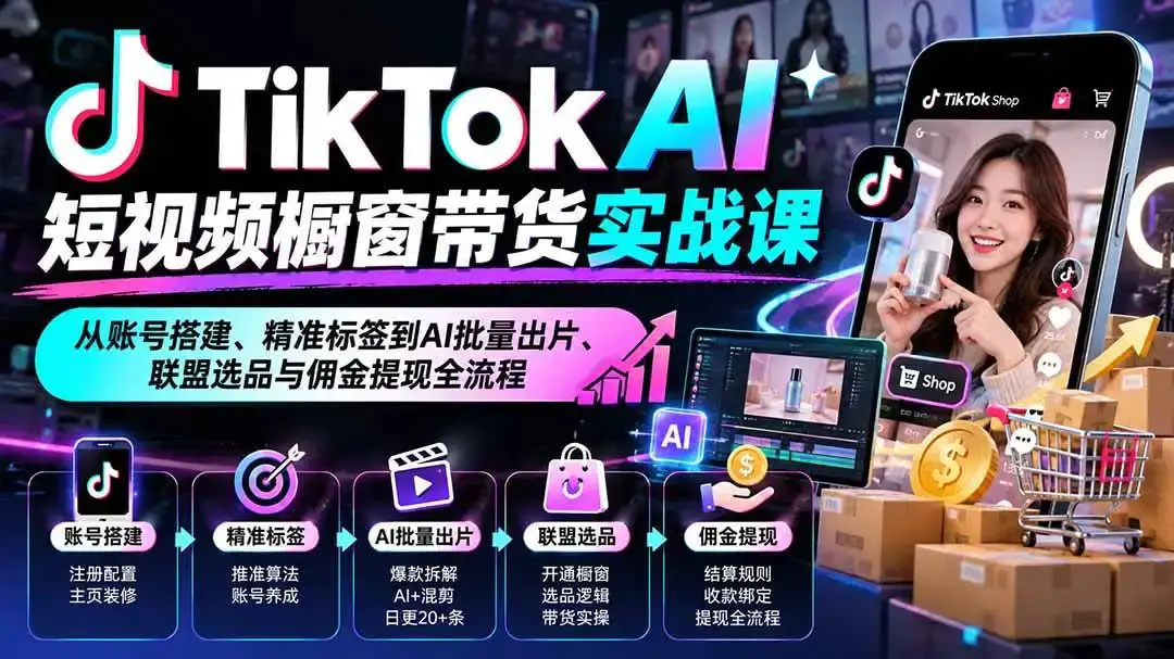 2026最新TikTok AI短视频橱窗带货实战课教程下载(含联盟选品与提现全流程)